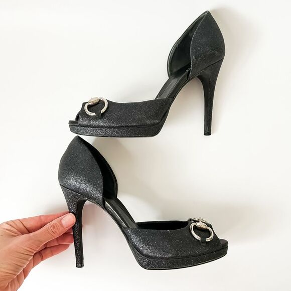 Gucci Heels Stardust Charlotte Black Glitter Horsebit D'Orsay Peep Toe Pumps 37, - Picture 6 of 13